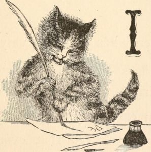 drawing of anthropomorphic cat holding feather quill and writing on paper
