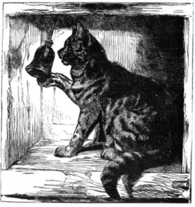 black and white drawing of a striped cat ringing a bell