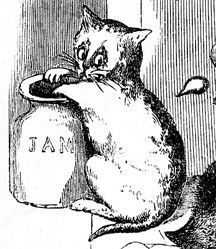 drawing of a pale cat with its paw in a jar labeled jam